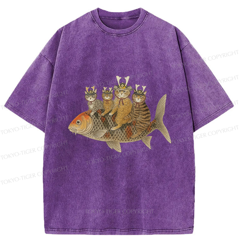 Tokyo-Tiger Funny Samurai Cat Riding a Fish Washed T-Shirt