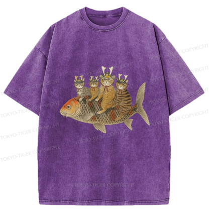Tokyo-Tiger Funny Samurai Cat Riding a Fish Washed T-Shirt