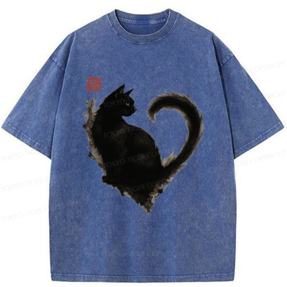Tokyo-Tiger Funny Heart-Shaped Ink Cat  Washed T-Shirt