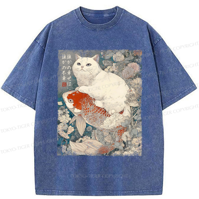 Tokyo-Tiger Japanese Cat Koi Fish Washed T-Shirt