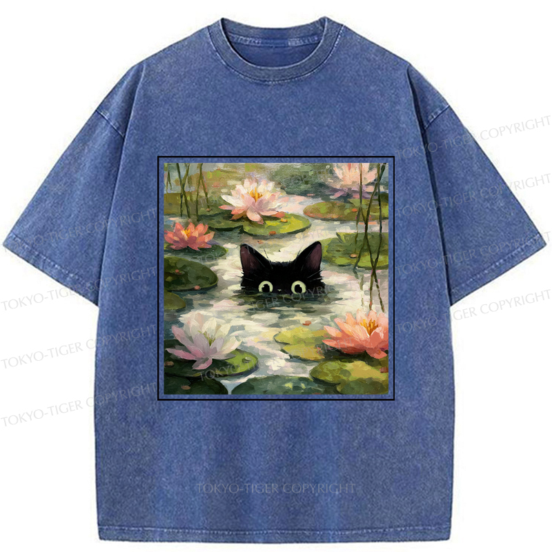 Tokyo-Tiger Black Cat and Lotus Flower Washed T-Shirt