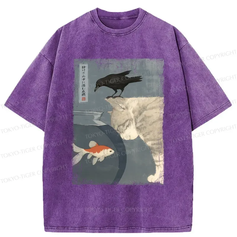 Tokyo-Tiger Crow And Cat Watching Fish T-Shirt