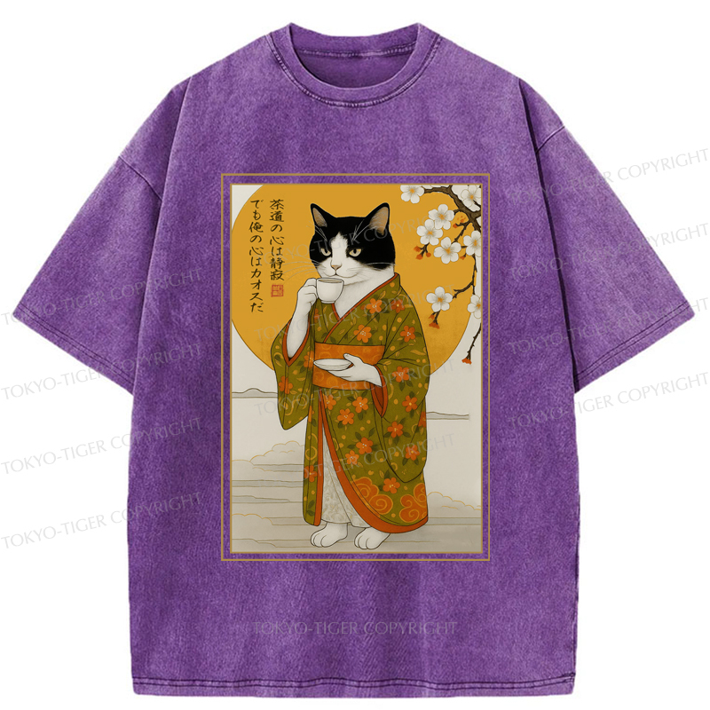 Tokyo-Tiger Cat Serene Tea Chaotic Soul Washed T-Shirt