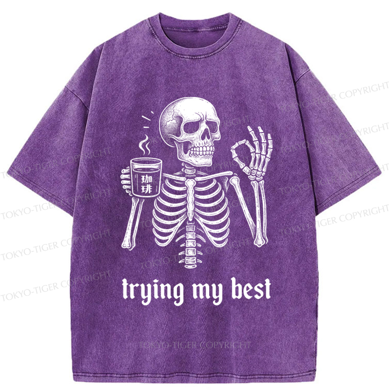 Tokyo-Tiger Skull Trying His Best  Washed T-Shirt