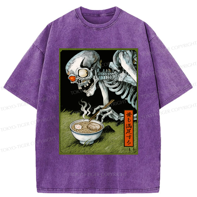 Tokyo-Tiger Ukiyo-e Skeleton Eating Ramen Washed T-Shirt