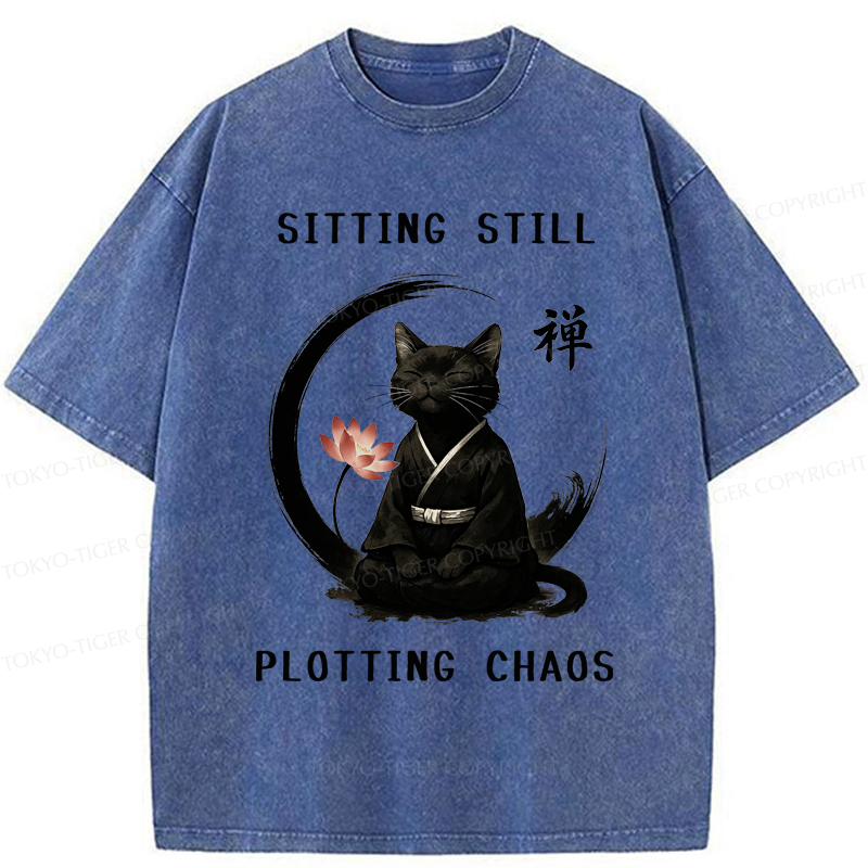 Tokyo-Tiger Sitting still  plotting chaos Calming Zen Cat Funny Washed T-Shirt