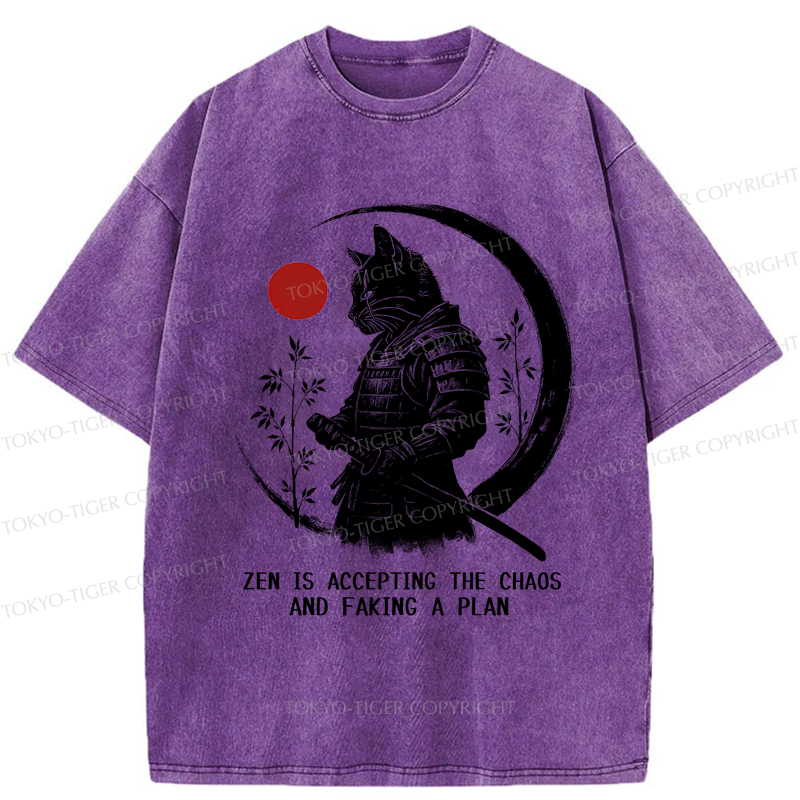 Tokyo-Tiger Zen Cat: Warrior of Serenity Washed T-Shirt