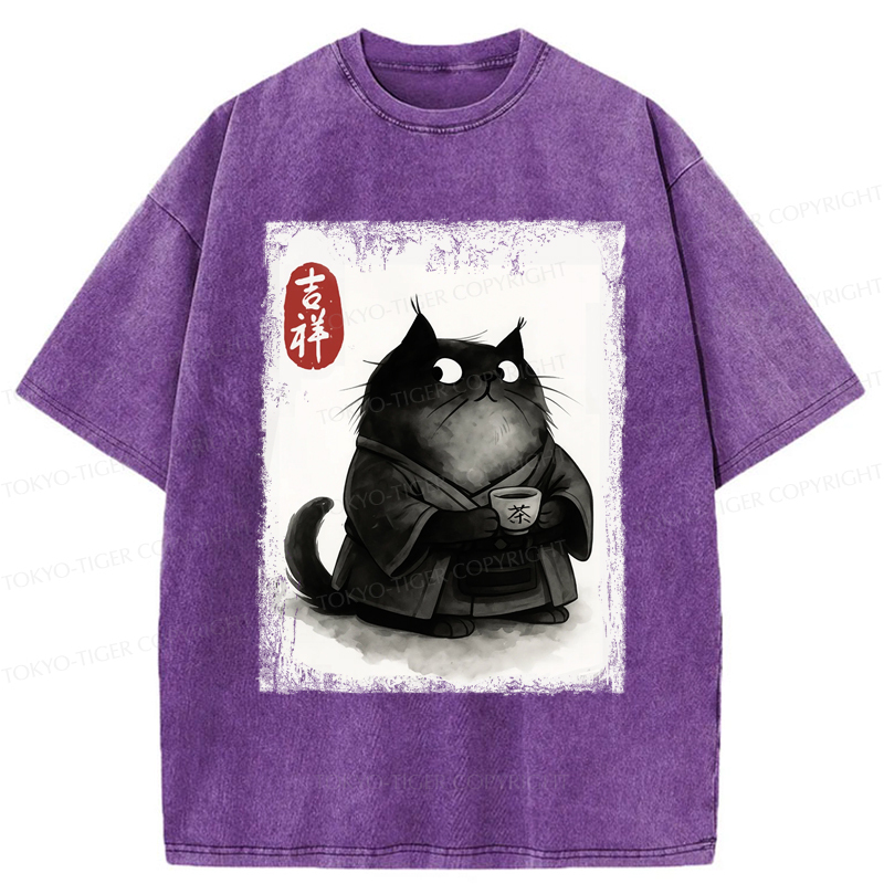 Tokyo-Tiger The Black Cat’s Tea Ritual Zen Ink Painting Washed T-Shirt