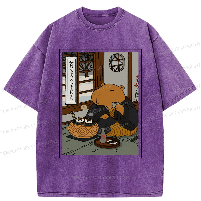 Tokyo-Tiger The Silly Capybara is Drinking Tea Zen Washed T-Shirt