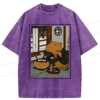 Tokyo-Tiger The Silly Capybara is Drinking Tea Zen Washed T-Shirt