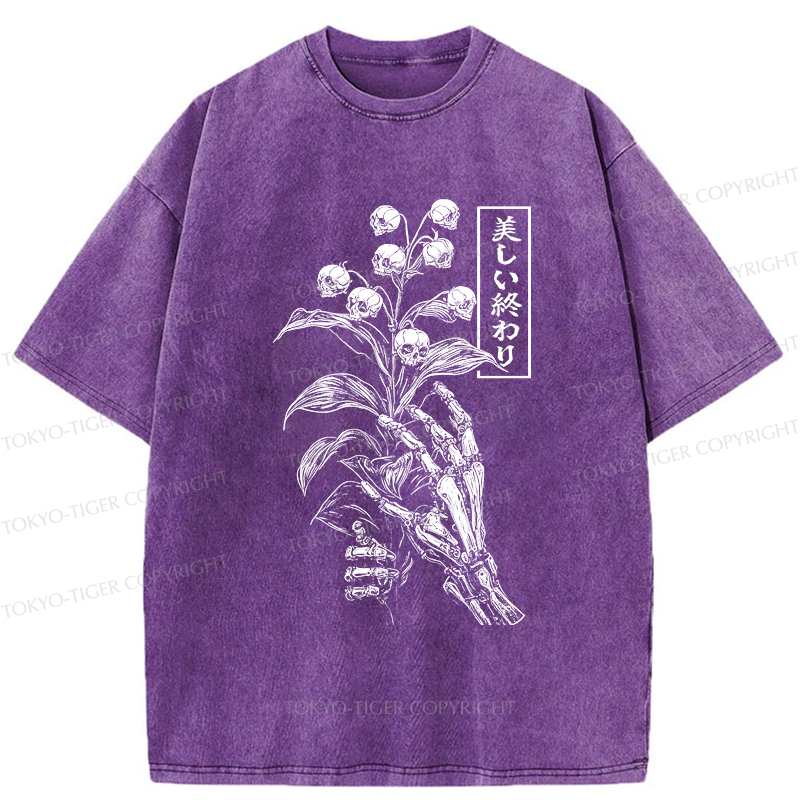 Tokyo-Tiger Funny Halloween Skull Flower Washed T-Shirt