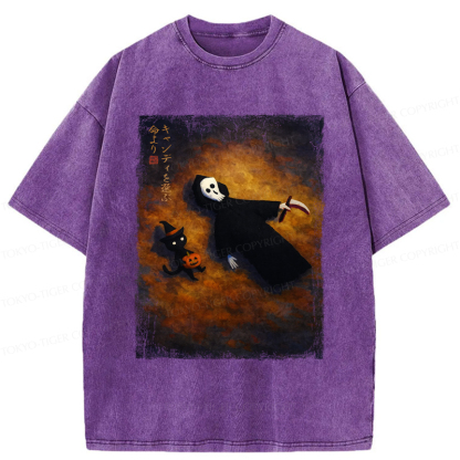 Tokyo-Tiger Skeleton And Cat Choose Candy Over Life On Halloween Washed T-Shirt
