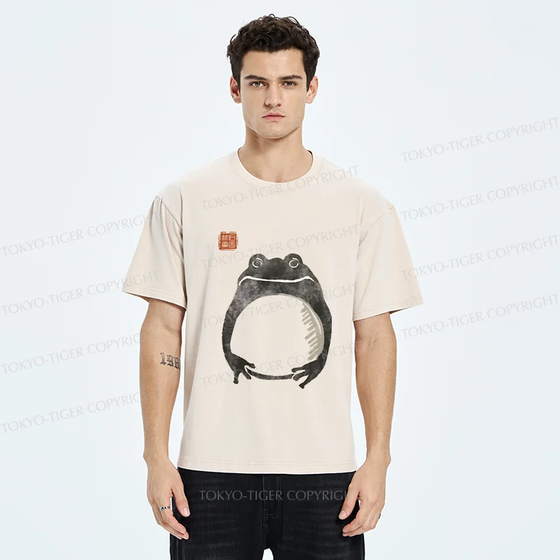 Tokyo-Tiger Retro Frog Ink Painting Washed T-Shirt