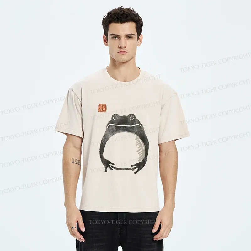 Tokyo-Tiger Retro Frog Ink Painting Washed T-Shirt