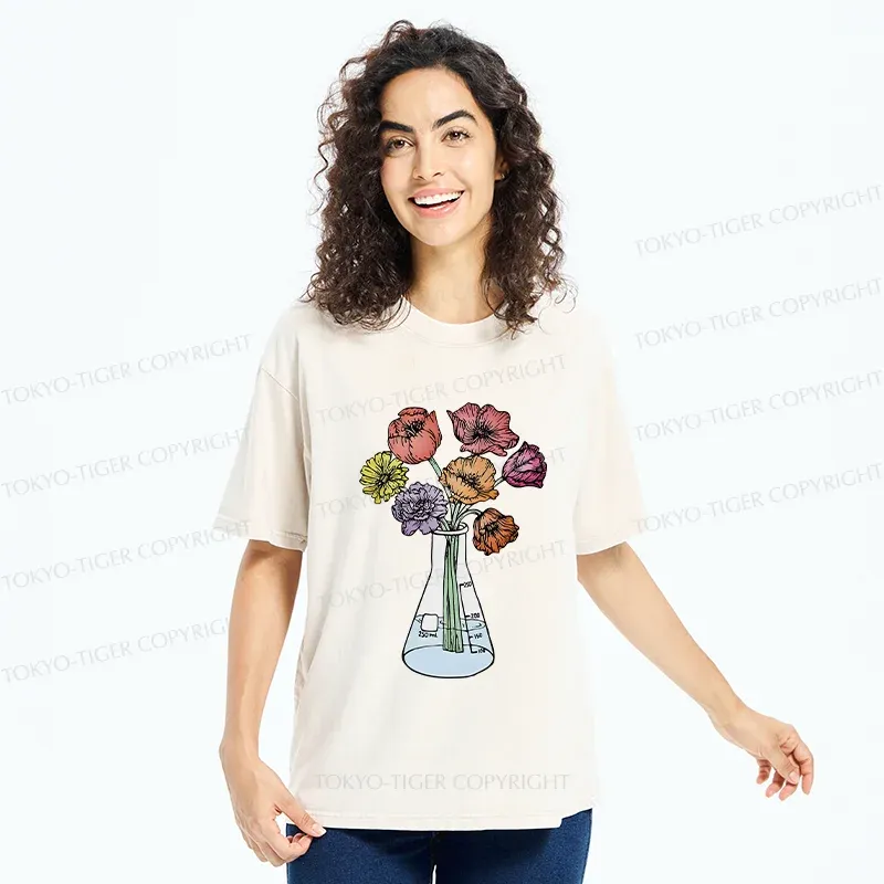 Tokyo-Tiger Beaker Flower Art Washed T-Shirt