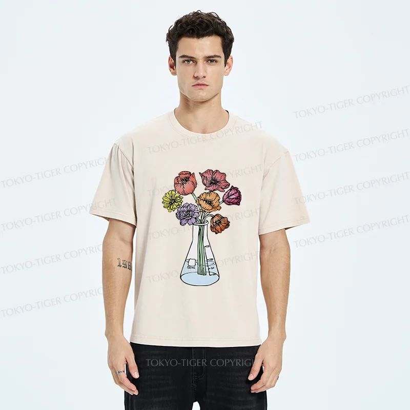 Tokyo-Tiger Beaker Flower Art Washed T-Shirt