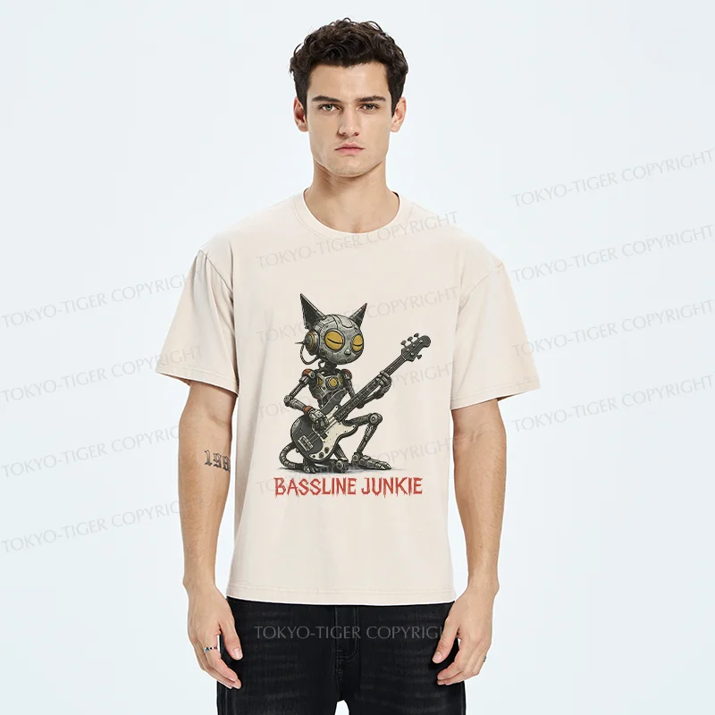 Tokyo-Tiger Robot Cat Playing Bass Washed T-Shirt