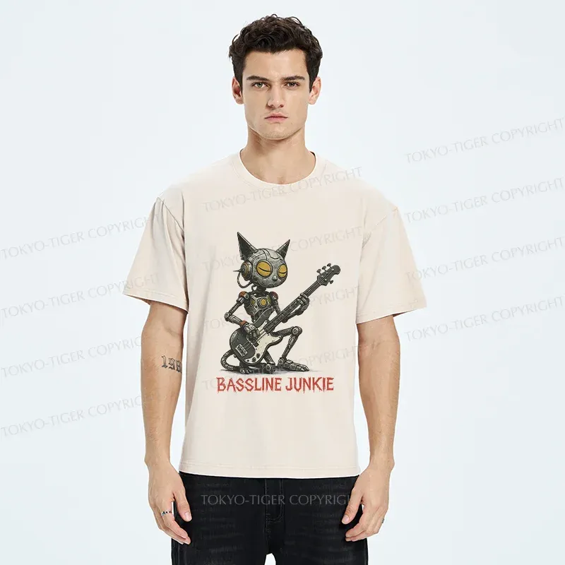 Tokyo-Tiger Robot Cat Playing Bass Washed T-Shirt