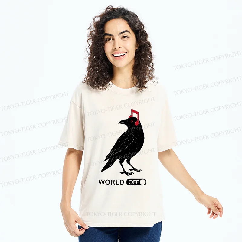 Tokyo-Tiger Crow Listening To Music Washed T-Shirt