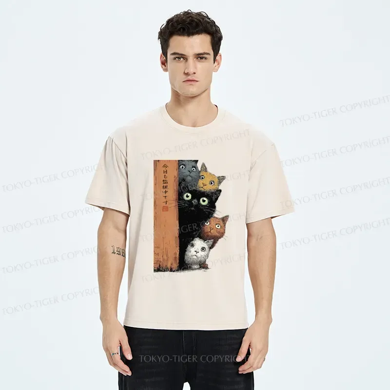 Tokyo-Tiger Five Cats Are Watching You Washed T-Shirt