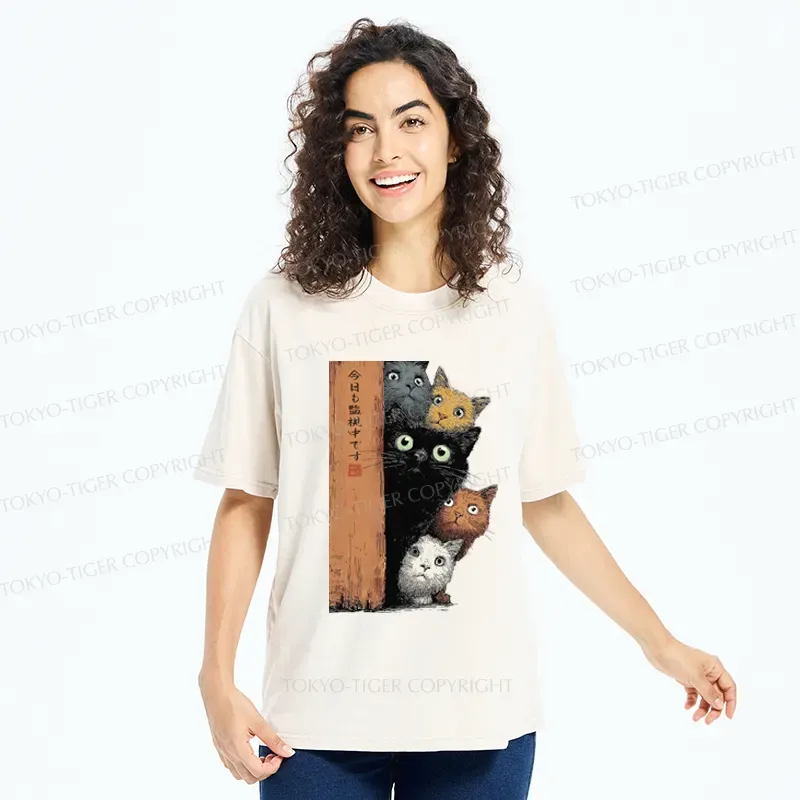 Tokyo-Tiger Five Cats Are Watching You Washed T-Shirt