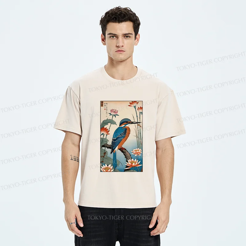 Tokyo-Tiger Ukiyo-e Kingfisher Washed T-Shirt