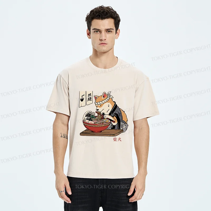 Tokyo-Tiger Shiba Inu Eating Ramen Japan Washed T-Shirt