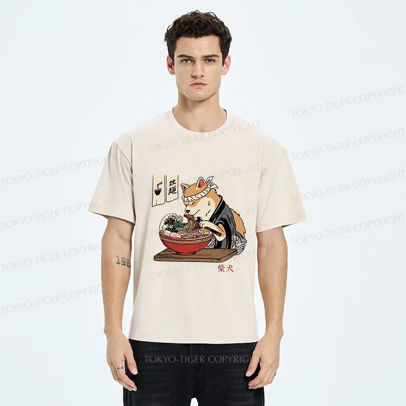 Tokyo-Tiger Shiba Inu Eating Ramen Japan Washed T-Shirt