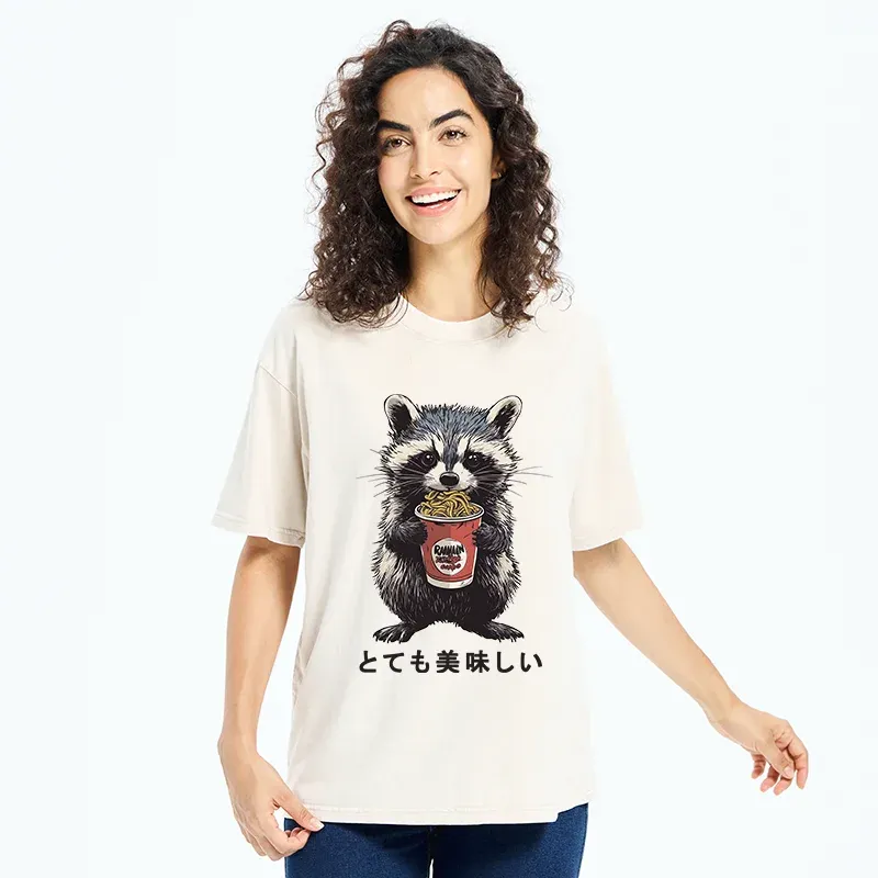 Tokyo-Tiger Cute Raccoon Eating Ramen Washed T-Shirt
