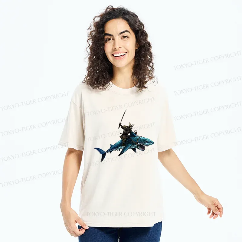 Tokyo-Tiger Samurai Riding A Shark Washed T-Shirt