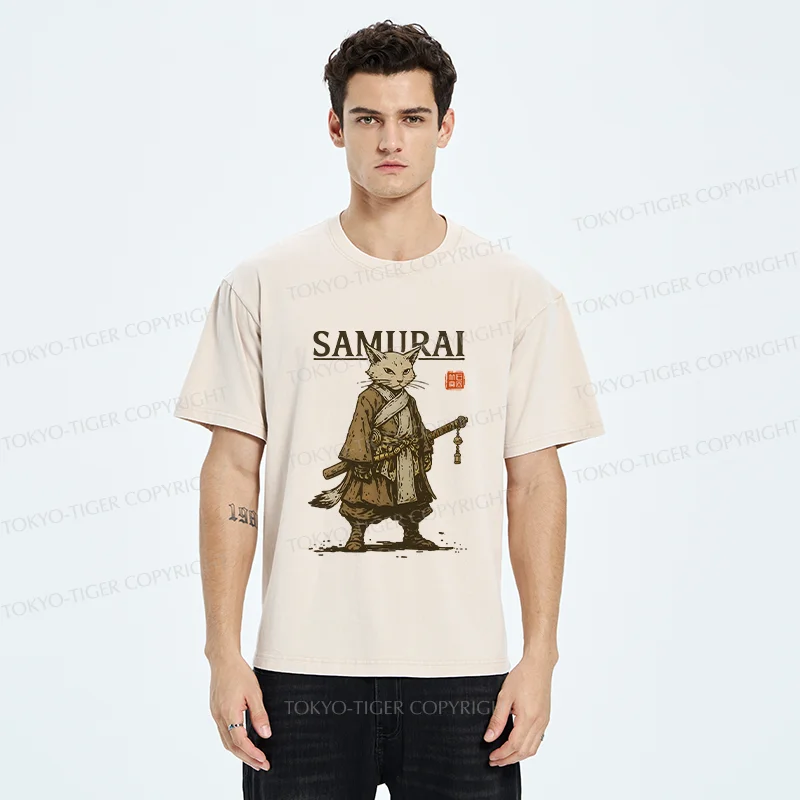 Tokyo-Tiger Samurai Cat Japan Washed T-Shirt