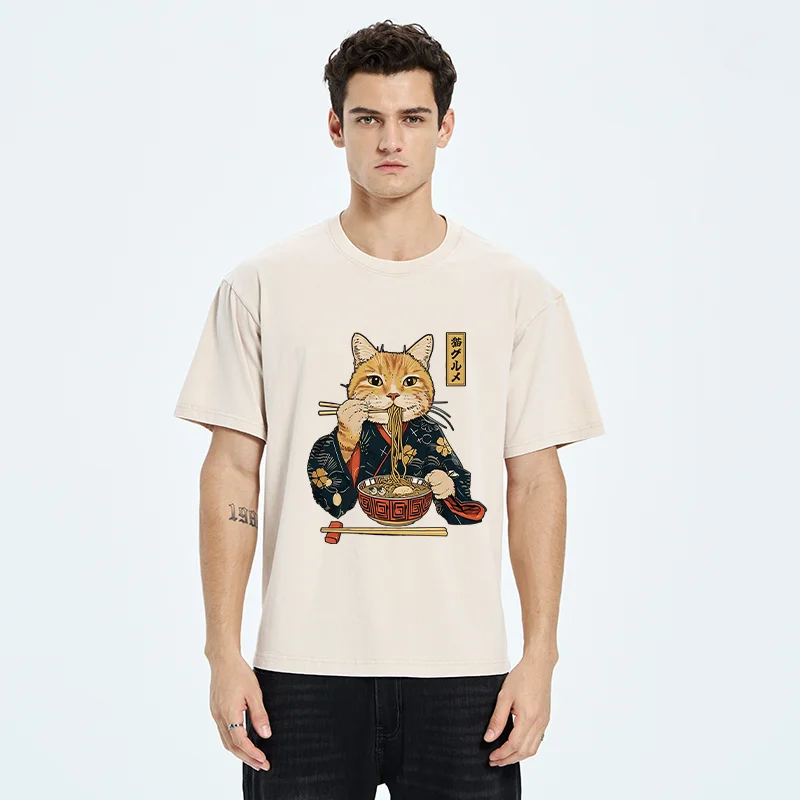 Tokyo-Tiger Elegant Cat Eating Ramen Washed T-Shirt