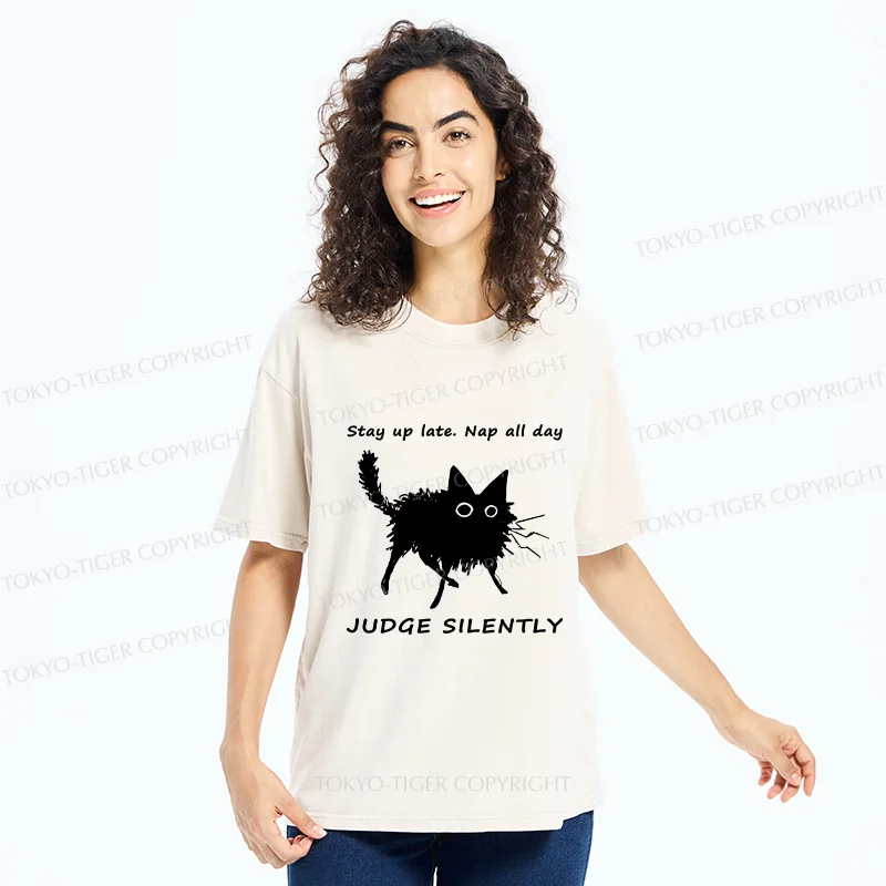 Tokyo-Tiger Lazy Black Cat Funny Washed T-Shirt