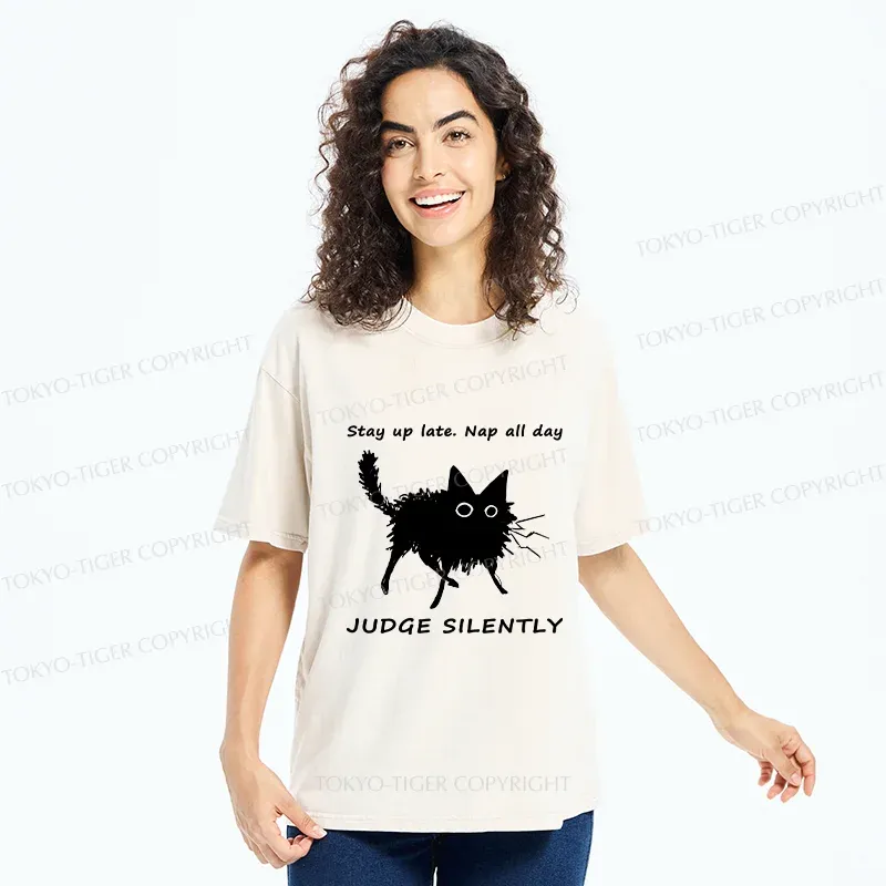 Tokyo-Tiger Lazy Black Cat Funny Washed T-Shirt