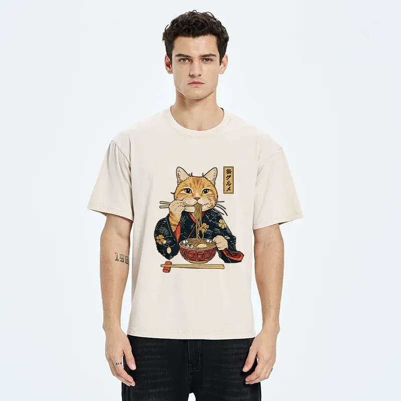 Tokyo-Tiger Elegant Cat Eating Ramen Washed T-Shirt