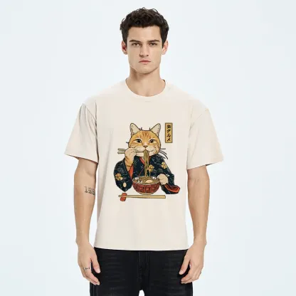 Tokyo-Tiger Elegant Cat Eating Ramen Washed T-Shirt
