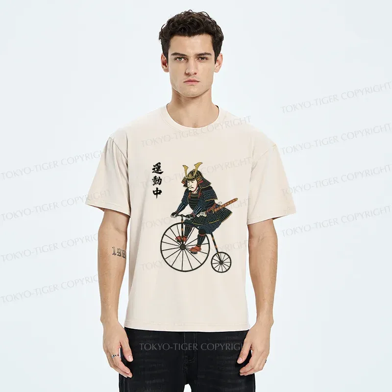 Tokyo-Tiger Samurai Riding Penny-farthing Washed T-Shirt