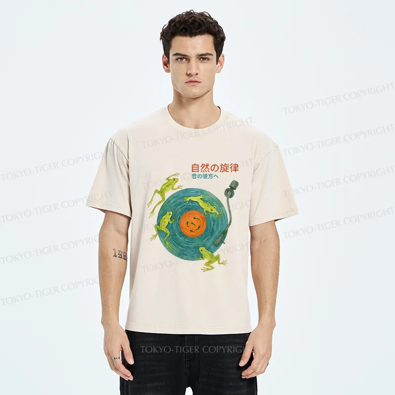 Tokyo-Tiger Frog Art Record Washed T-Shirt