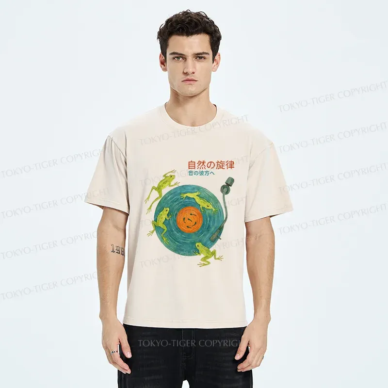 Tokyo-Tiger Frog Art Record Washed T-Shirt