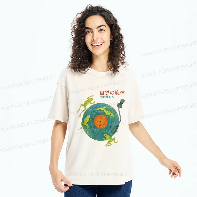 Tokyo-Tiger Frog Art Record Washed T-Shirt