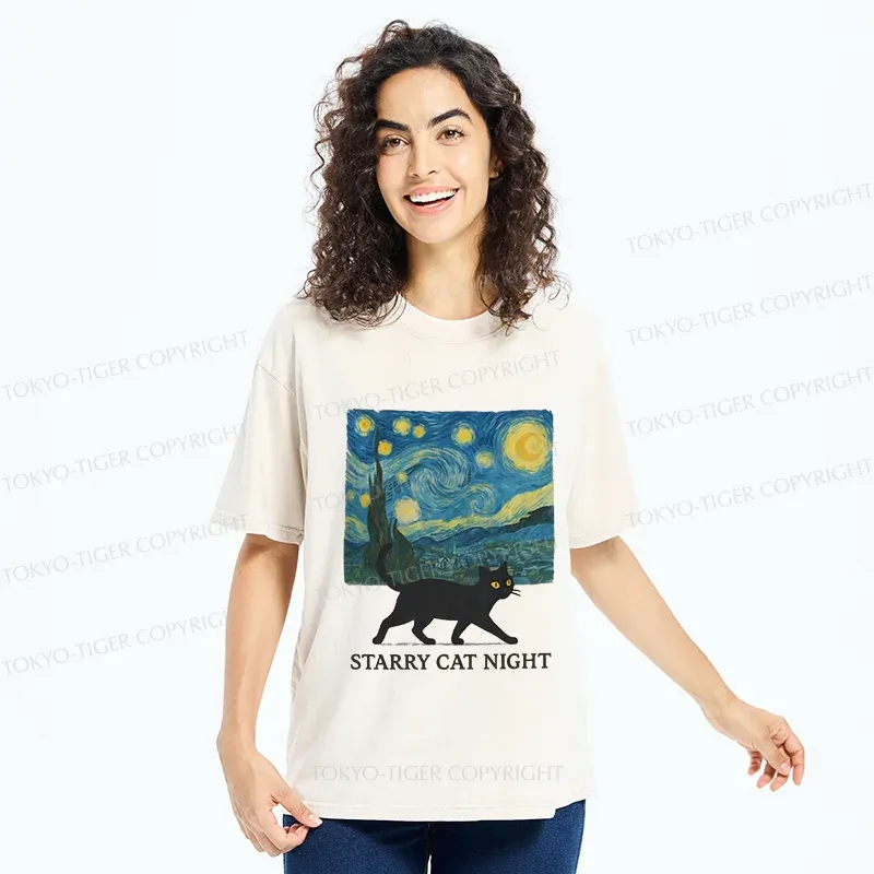 Tokyo-Tiger Cat Walking Under The Stars Washed T-Shirt