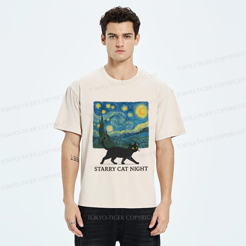 Tokyo-Tiger Cat Walking Under The Stars Washed T-Shirt