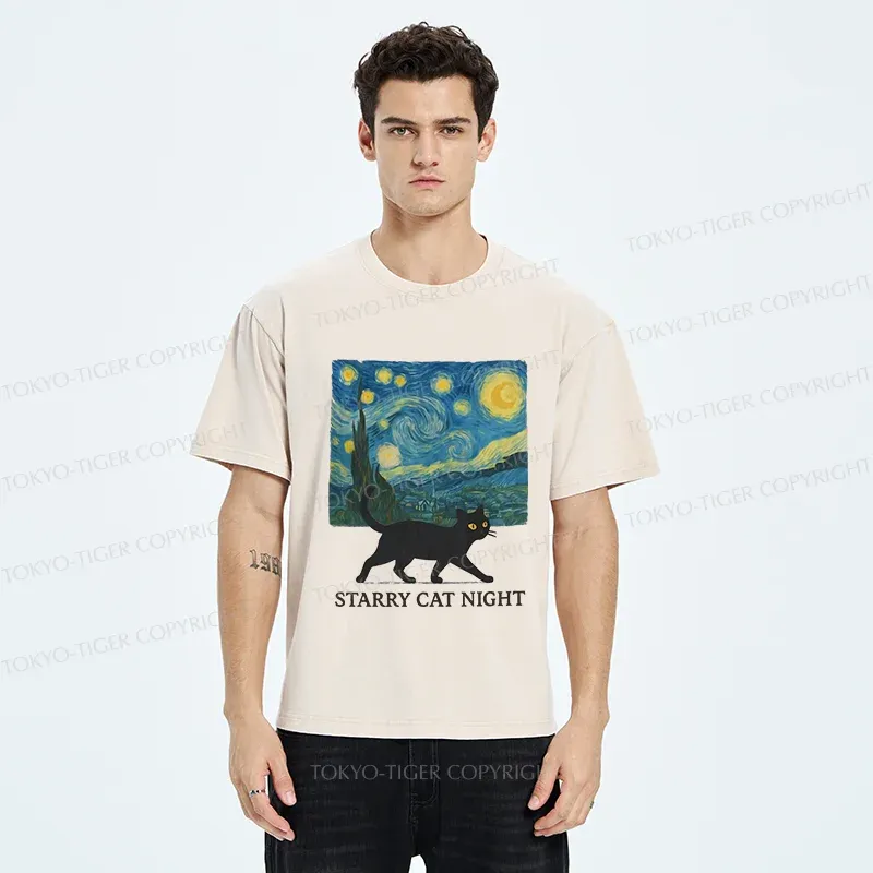 Tokyo-Tiger Cat Walking Under The Stars Washed T-Shirt