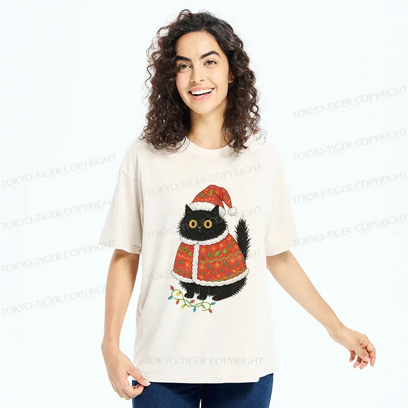 Tokyo-Tiger Cat Wearing Santa Hat Washed T-Shirt