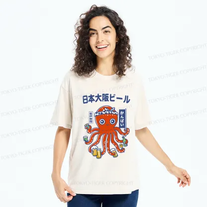 Tokyo-Tiger Octopus Chef Drinking Beer Washed T-Shirt