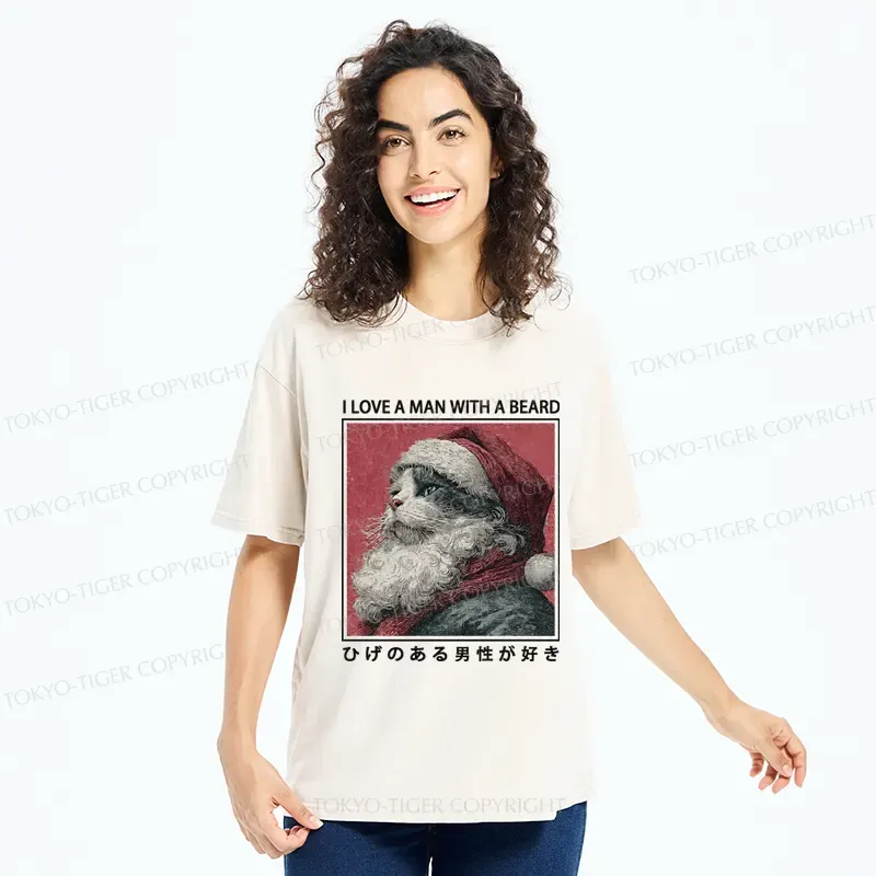 Tokyo-Tiger Funny Christmas Cat:I Love A Man With A Beard Washed T-Shirt