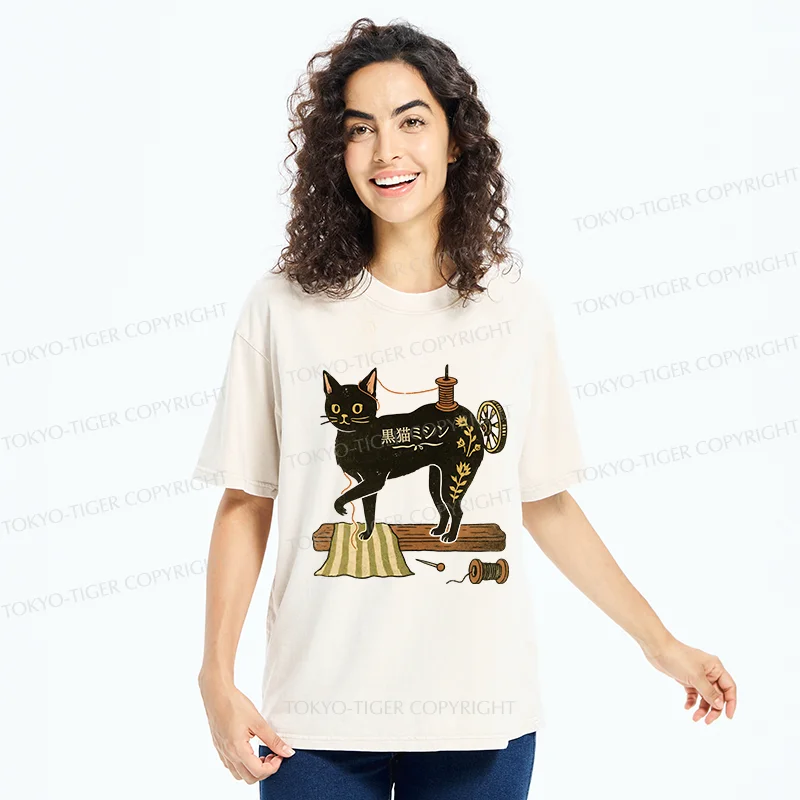 Tokyo-Tiger Sewing Machine Cat Washed T-Shirt