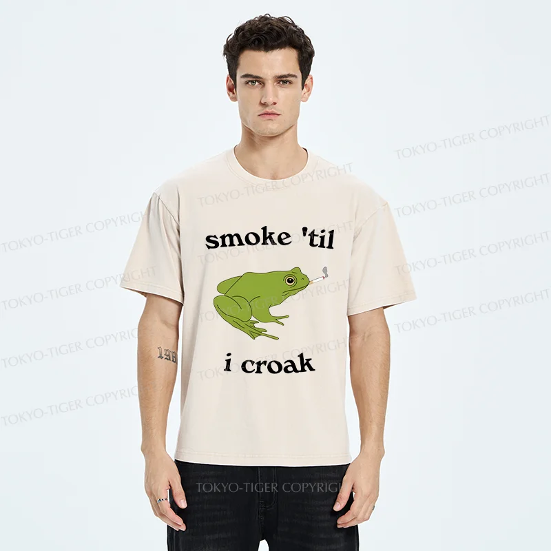 Tokyo-Tiger Smoking Frog Funny Washed T-Shirt