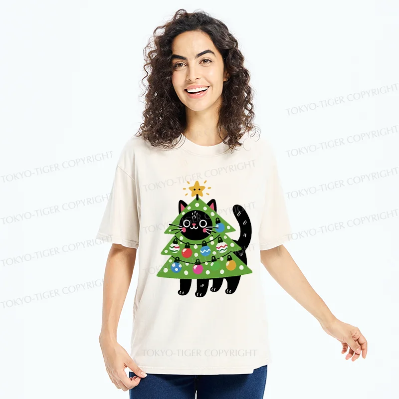 Tokyo-Tiger Christmas Tree Cat Washed T-Shirt