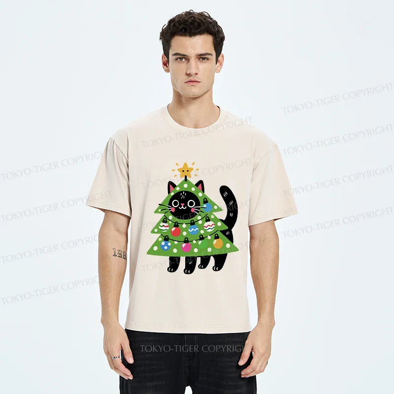 Tokyo-Tiger Christmas Tree Cat Washed T-Shirt
